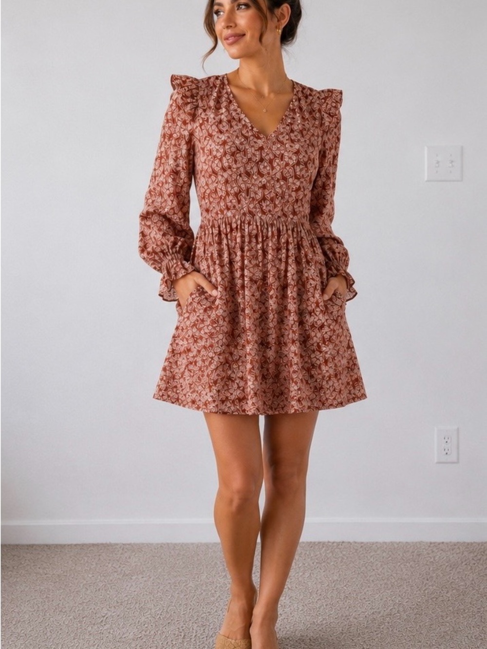 Rust Floral V-Neck Smocked Mini Dress with Pockets